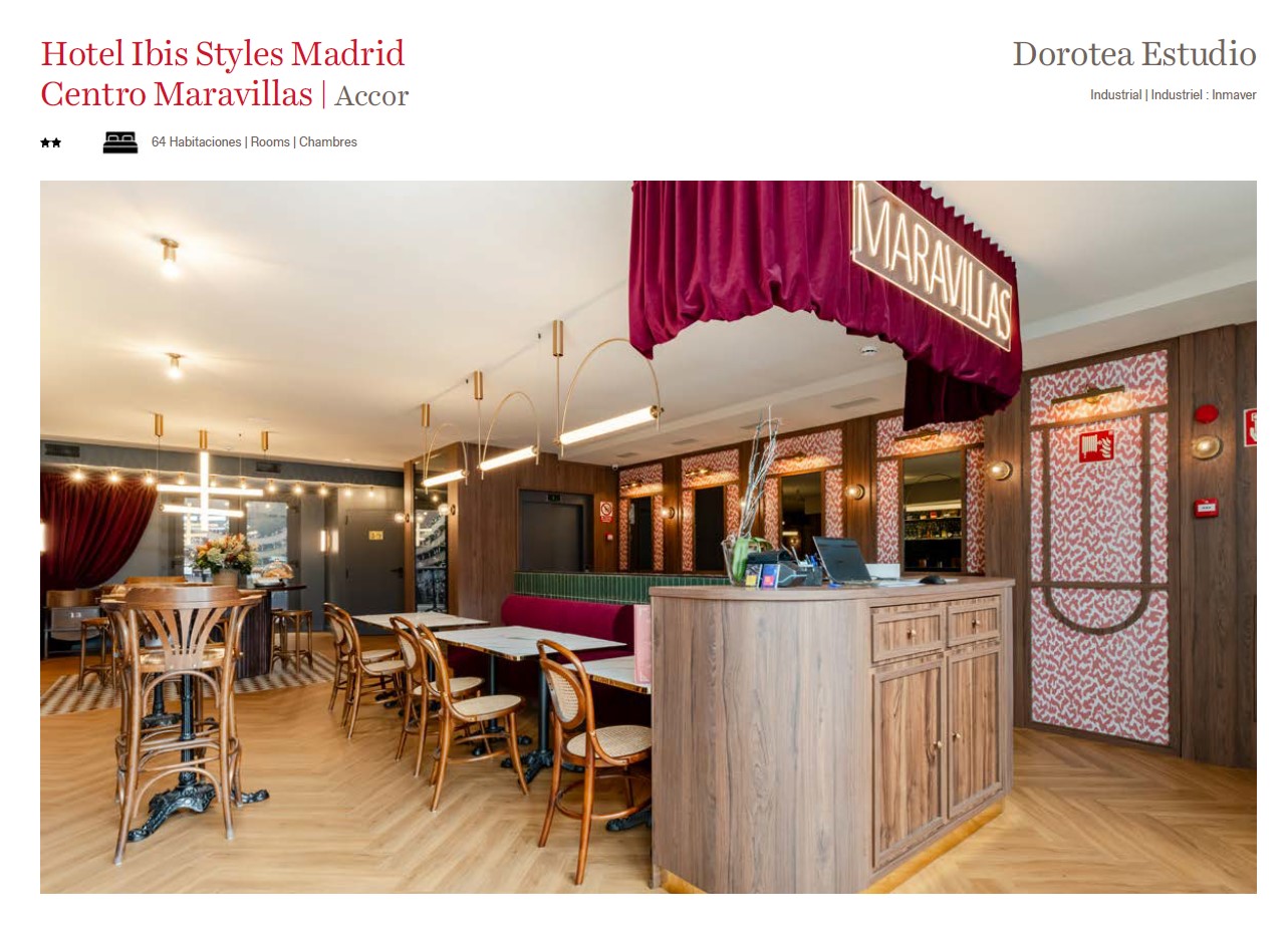 Doble página dedicada al Hotel Ibis Styles Madrid Centro Maravillas en el porfolio de Hospitality 2025 de Finsa